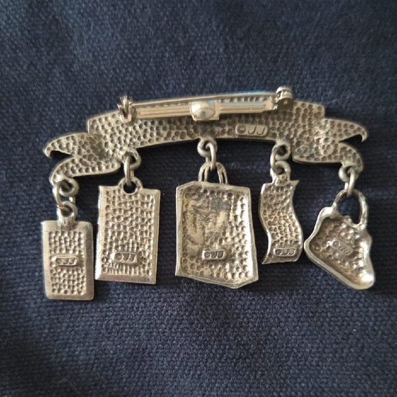 Vintage 1990's JJ Collectible 'Born to Shop' Pewter Brooch w 5 Dangling Charms - Picture 2 of 8